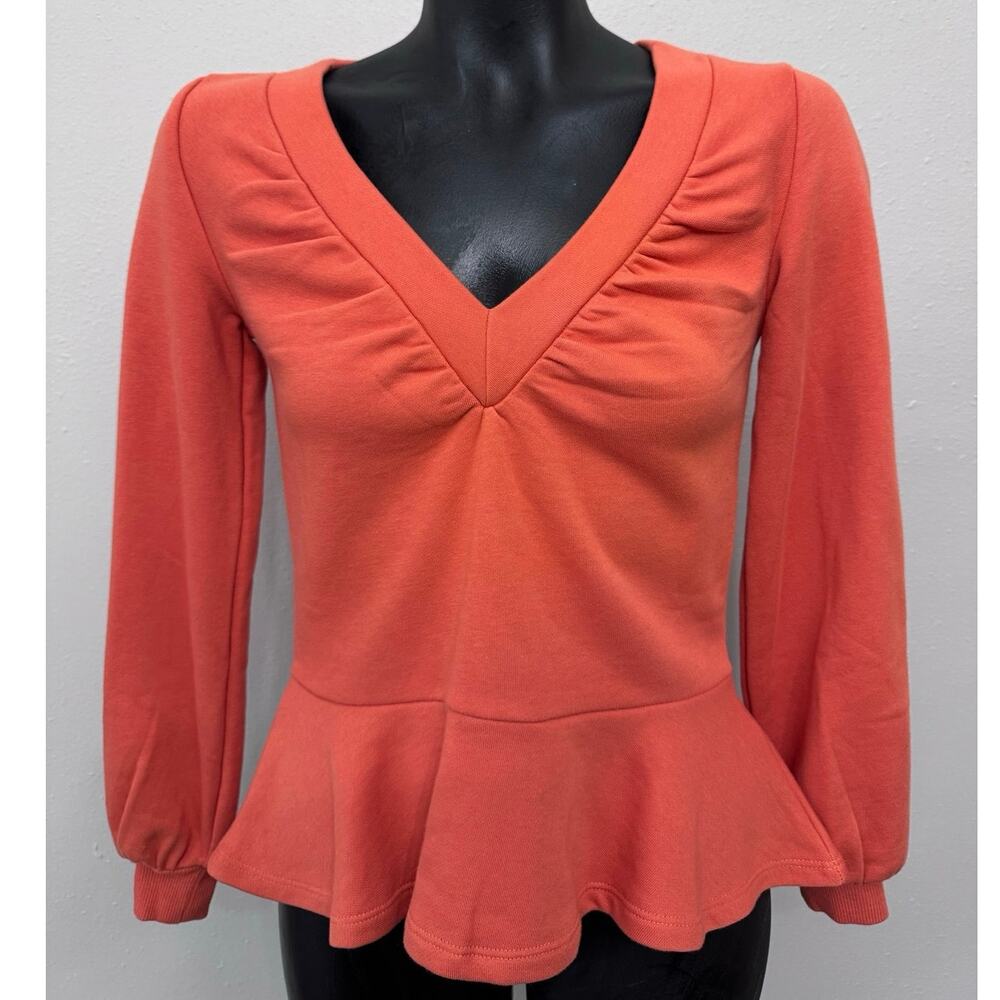 Maeve by Anthropologie Top Sz XXS Cotton Blend Ruche V-Neck Peplum Coquette Boho